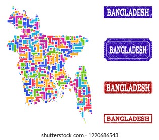 Mosaic brick style map of Bangladesh and textured rectangle seals. Vector map of Bangladesh designed with bright colored blocks. Vector seals with unclean rubber texture.