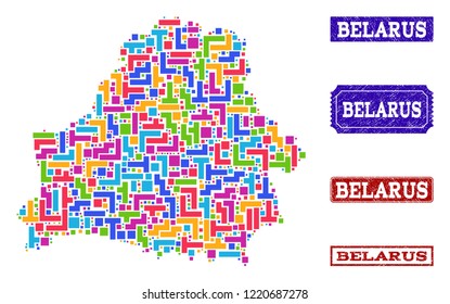 Mosaic brick style map of Belarus and corroded rectangle seal stamps. Vector map of Belarus designed with colorful elements. Vector seals with corroded rubber texture.