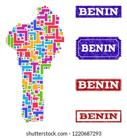 Mosaic brick style map of Benin and rubber rectangle seals. Vector map of Benin constructed with bright colored blocks. Vector seals with scratched rubber texture. Flat design for political purposes.