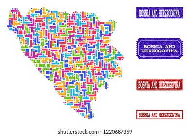 Mosaic brick style map of Bosnia and Herzegovina and corroded rectangle seals. Vector map of Bosnia and Herzegovina constructed with colorful elements. Vector seals with distress rubber texture.