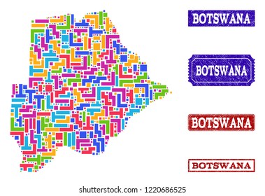 Mosaic brick style map of Botswana and rubber rectangle seal stamps. Vector map of Botswana constructed with colorful elements. Vector imprints with distress rubber texture.