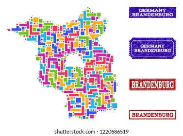 Mosaic brick style map of Brandenburg State and corroded rectangle seals. Vector map of Brandenburg State constructed with bright colored elements. Vector seals with grunge rubber texture.