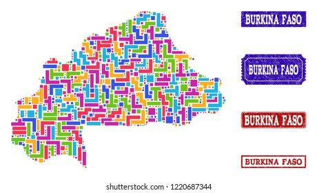 Mosaic brick style map of Burkina Faso and rubber rectangle stamps. Vector map of Burkina Faso designed with bright colored blocks. Vector watermarks with distress rubber texture.