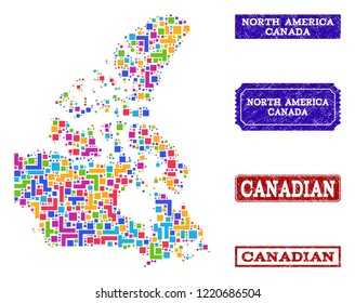 Mosaic brick style map of Canada and grunge rectangle seals. Vector map of Canada designed with bright colored elements. Vector seals with grunge rubber texture.