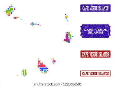 Mosaic brick style map of Cape Verde Islands and rubber rectangle seals. Vector map of Cape Verde Islands constructed with colorful blocks. Vector seals with scratched rubber texture.