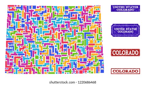 Mosaic brick style map of Colorado State and rubber rectangle seal stamps. Vector map of Colorado State designed with bright colored elements. Vector imprints with corroded rubber texture.