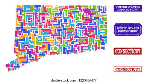 Mosaic brick style map of Connecticut State and rubber rectangle seals. Vector map of Connecticut State designed with bright colored elements. Vector seals with grunge rubber texture.