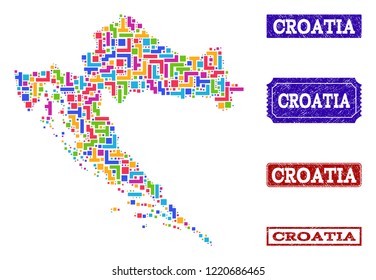 Mosaic brick style map of Croatia and unclean rectangle seal stamps. Vector map of Croatia constructed with colorful elements. Vector watermarks with unclean rubber texture.