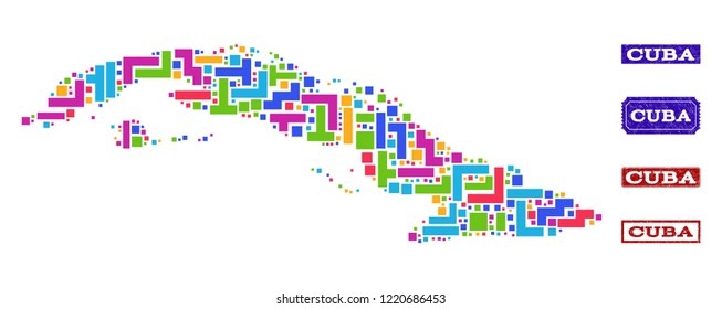 Mosaic brick style map of Cuba Island and rubber rectangle seals. Vector map of Cuba Island designed with bright colored blocks. Vector seals with distress rubber texture.