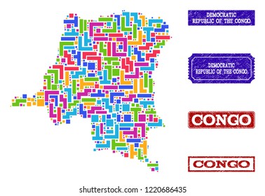 Mosaic brick style map of Democratic Republic of the Congo and rubber rectangle seals. Vector map of Democratic Republic of the Congo designed with colorful elements.