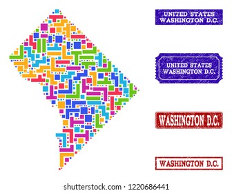 Mosaic brick style map of District Columbia and rubber rectangle seals. Vector map of District Columbia constructed with bright colored elements. Vector imprints with scratched rubber texture.