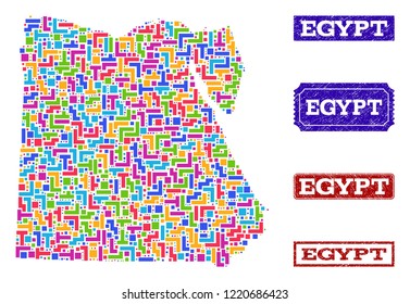 Mosaic brick style map of Egypt and rubber rectangle seals. Vector map of Egypt constructed with colorful blocks. Vector seals with corroded rubber texture. Flat design for political illustrations.
