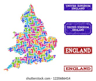 Mosaic brick style map of England and scratched rectangle seals. Vector map of England designed with bright colored blocks. Vector seals with corroded rubber texture.