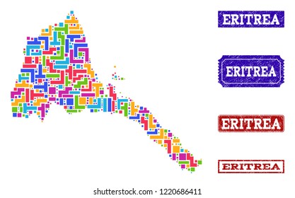 Mosaic brick style map of Eritrea and grunge rectangle seals. Vector map of Eritrea constructed with colorful blocks. Vector seals with scratched rubber texture. Flat design for political purposes.