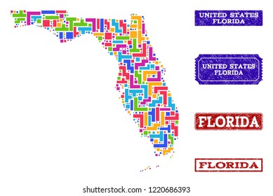 Mosaic brick style map of Florida State and scratched rectangle stamps. Vector map of Florida State designed with bright colored blocks. Vector imprints with scratched rubber texture.