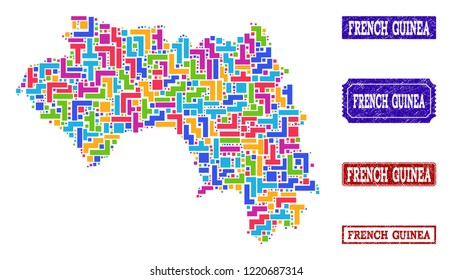 Mosaic brick style map of French Guinea and dirty rectangle seals. Vector map of French Guinea constructed with colorful elements. Vector seals with distress rubber texture.