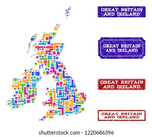 Mosaic brick style map of Great Britain and Ireland and dirty rectangle seals. Vector map of Great Britain and Ireland constructed with bright colored blocks.