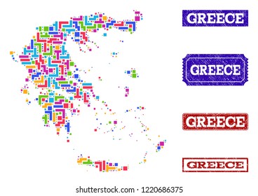 Mosaic brick style map of Greece and textured rectangle seals. Vector map of Greece designed with bright colored elements. Vector seals with distress rubber texture.