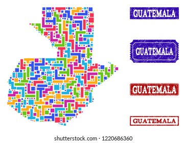 Mosaic brick style map of Guatemala and rubber rectangle seals. Vector map of Guatemala designed with bright colored blocks. Vector seals with corroded rubber texture.