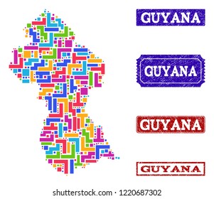 Mosaic brick style map of Guyana and rubber rectangle stamps. Vector map of Guyana constructed with colorful blocks. Vector seals with distress rubber texture. Flat design for political templates.