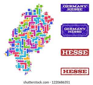 Mosaic brick style map of Hesse State and corroded rectangle seals. Vector map of Hesse State constructed with colorful elements. Vector watermarks with corroded rubber texture.