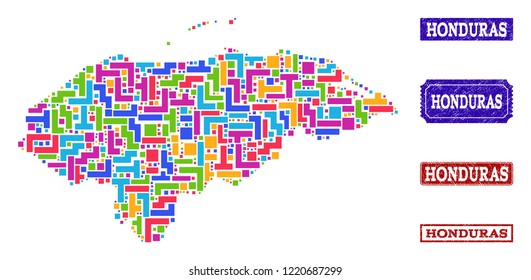 Mosaic brick style map of Honduras and corroded rectangle stamps. Vector map of Honduras designed with bright colored elements. Vector imprints with corroded rubber texture.