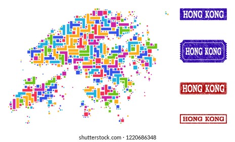 Mosaic brick style map of Hong Kong and rubber rectangle seals. Vector map of Hong Kong constructed with bright colored blocks. Vector watermarks with corroded rubber texture.