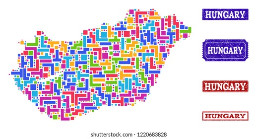 Mosaic brick style map of Hungary and rubber rectangle stamps. Vector map of Hungary constructed with bright colored elements. Vector seals with grunge rubber texture.