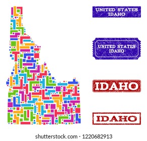 Mosaic brick style map of Idaho State and rubber rectangle seals. Vector map of Idaho State designed with bright colored elements. Vector seals with distress rubber texture.