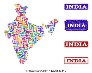 Mosaic brick style map of India and corroded rectangle seal stamps. Vector map of India constructed with bright colored blocks. Vector seals with corroded rubber texture.