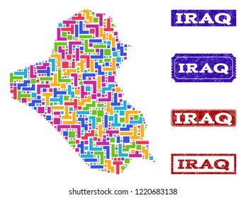 Mosaic brick style map of Iraq and rubber rectangle seals. Vector map of Iraq constructed with colorful blocks. Vector seals with grunge rubber texture. Flat design for patriotic templates.