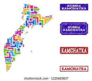 Mosaic brick style map of Kamchatka Peninsula and unclean rectangle seal stamps. Vector map of Kamchatka Peninsula constructed with bright colored blocks. Vector imprints with unclean rubber texture.