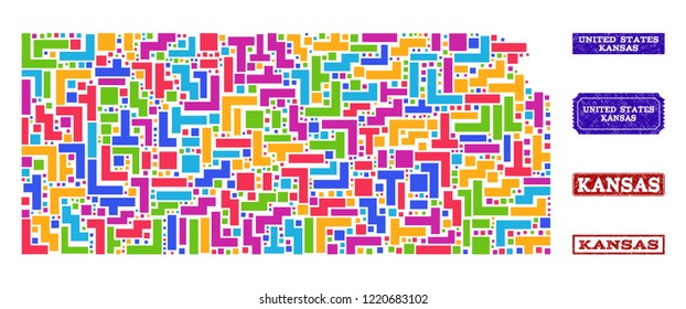 Mosaic brick style map of Kansas State and rubber rectangle stamps. Vector map of Kansas State constructed with bright colored elements. Vector watermarks with unclean rubber texture.