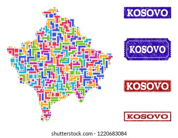 Mosaic brick style map of Kosovo and grunge rectangle seals. Vector map of Kosovo designed with bright colored elements. Vector seals with corroded rubber texture. Flat design for patriotic posters.