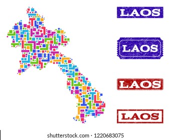 Mosaic brick style map of Laos and rubber rectangle seals. Vector map of Laos constructed with bright colored elements. Vector imprints with scratched rubber texture.