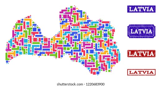 Mosaic brick style map of Latvia and rubber rectangle seal stamps. Vector map of Latvia constructed with colorful elements. Vector seals with scratched rubber texture.
