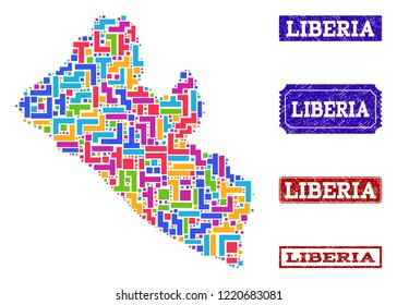 Mosaic brick style map of Liberia and rubber rectangle seals. Vector map of Liberia designed with colorful blocks. Vector seals with distress rubber texture. Flat design for political illustrations.