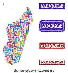 Mosaic brick style map of Madagascar Island and rubber rectangle seal stamps. Vector map of Madagascar Island designed with colorful elements. Vector seals with scratched rubber texture.