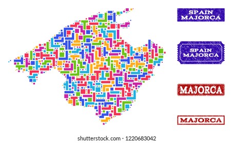 Mosaic brick style map of Majorca and corroded rectangle seal stamps. Vector map of Majorca constructed with colorful elements. Vector imprints with corroded rubber texture.