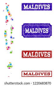 Mosaic brick style map of Maldives and rubber rectangle seals. Vector map of Maldives designed with colorful blocks. Vector imprints with grunge rubber texture. Flat design for political templates.