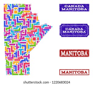 Mosaic brick style map of Manitoba Province and unclean rectangle seals. Vector map of Manitoba Province designed with colorful blocks. Vector watermarks with unclean rubber texture.