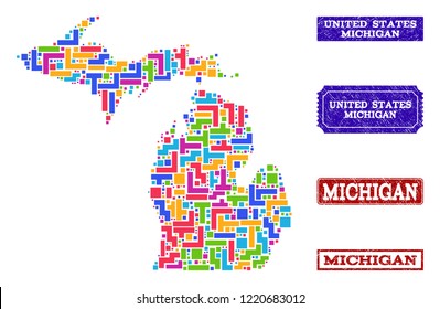 Mosaic brick style map of Michigan State and rubber rectangle stamps. Vector map of Michigan State designed with colorful blocks. Vector imprints with unclean rubber texture.