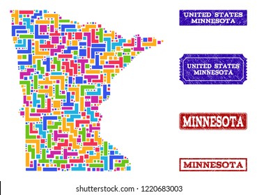 Mosaic brick style map of Minnesota State and grunge rectangle seal stamps. Vector map of Minnesota State designed with colorful blocks. Vector watermarks with grunge rubber texture.