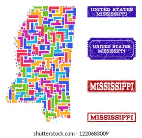 Mosaic brick style map of Mississippi State and rubber rectangle stamps. Vector map of Mississippi State constructed with bright colored elements. Vector seals with corroded rubber texture.
