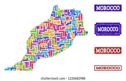 Mosaic brick style map of Morocco and rubber rectangle seals. Vector map of Morocco designed with colorful elements. Vector seals with distress rubber texture. Flat design for political posters.