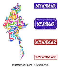 Mosaic brick style map of Myanmar and unclean rectangle seal stamps. Vector map of Myanmar designed with bright colored blocks. Vector watermarks with unclean rubber texture.