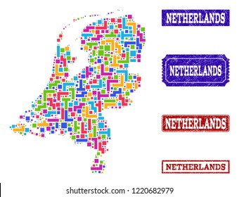 Mosaic brick style map of Netherlands and rubber rectangle seal stamps. Vector map of Netherlands designed with bright colored blocks. Vector watermarks with distress rubber texture.