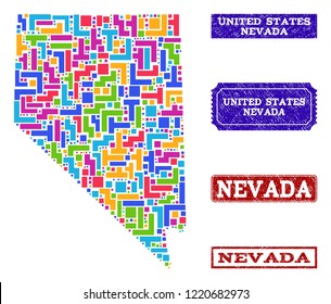 Mosaic brick style map of Nevada State and rubber rectangle stamps. Vector map of Nevada State constructed with bright colored elements. Vector imprints with scratched rubber texture.