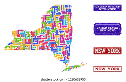 Mosaic brick style map of New York State and textured rectangle seals. Vector map of New York State designed with bright colored blocks. Vector seals with unclean rubber texture.
