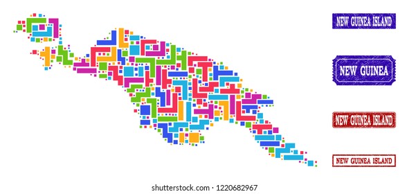 Mosaic brick style map of New Guinea Island and rubber rectangle seals. Vector map of New Guinea Island designed with colorful elements. Vector seals with grunge rubber texture.